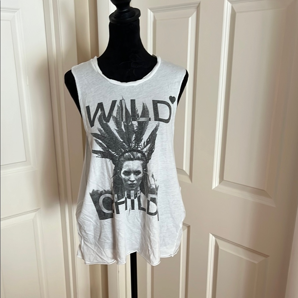 Woman’s, white & black, “WILD CHILD”, graphic, tee. Size and brand unknown.